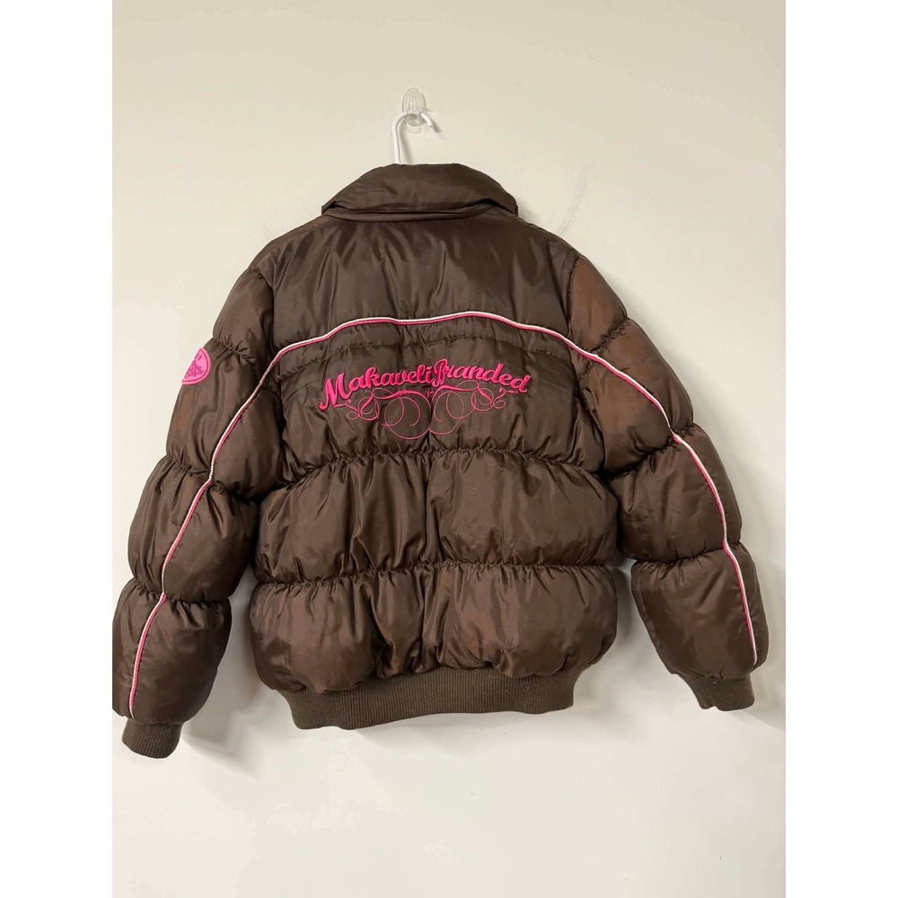 Vtg Y2k Makaveli Branded Women L Brown Puffer Jacket Down Fill Pink HipHop